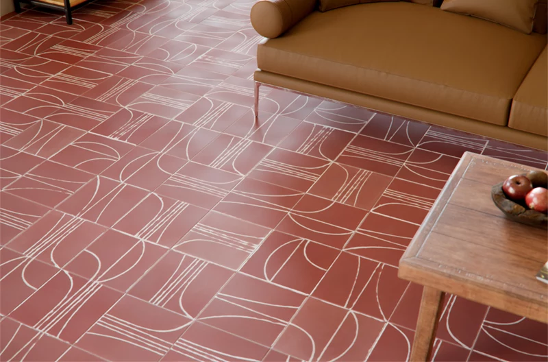 Red and white encaustic tiles on a contemporary living room